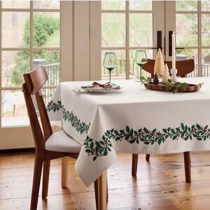 Threshold Holly Berry Rectangular Tablecloth 60x104 White Cotton Linen Christmas